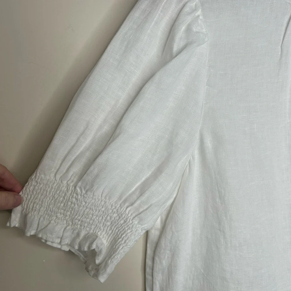 J Crew White Crisp Linen Blouse Size M High Ruffled Neck and Sleeves Romantic - Picture 3 of 8